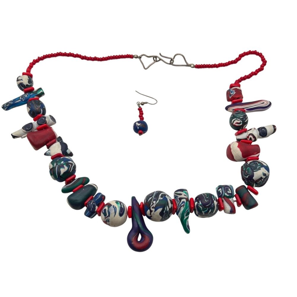 Vintage Handmade Polymer Clay Necklace Sterling Silver Clasp 24" Red Blue Art - Picture 10 of 16